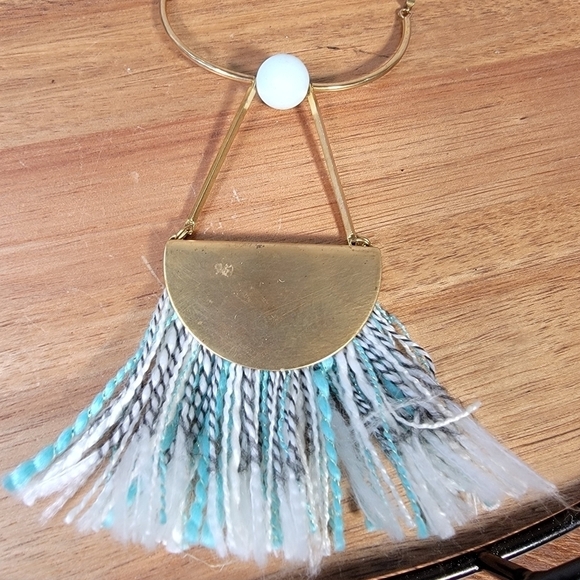 Bou Cou Long Boho Necklace Gold Tone thin chain with Yarn Fan Tassel - Picture 3 of 17